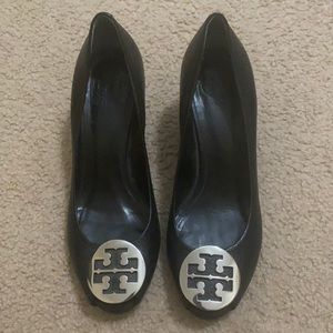 Tory Burch 3” black wedges with silver logo